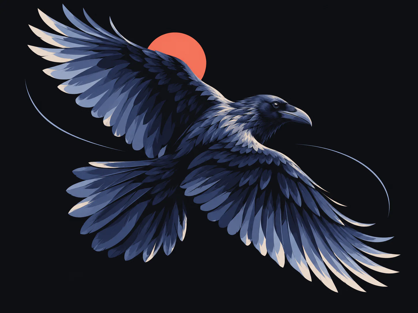A blue bird with outstretched wings and a coral sun