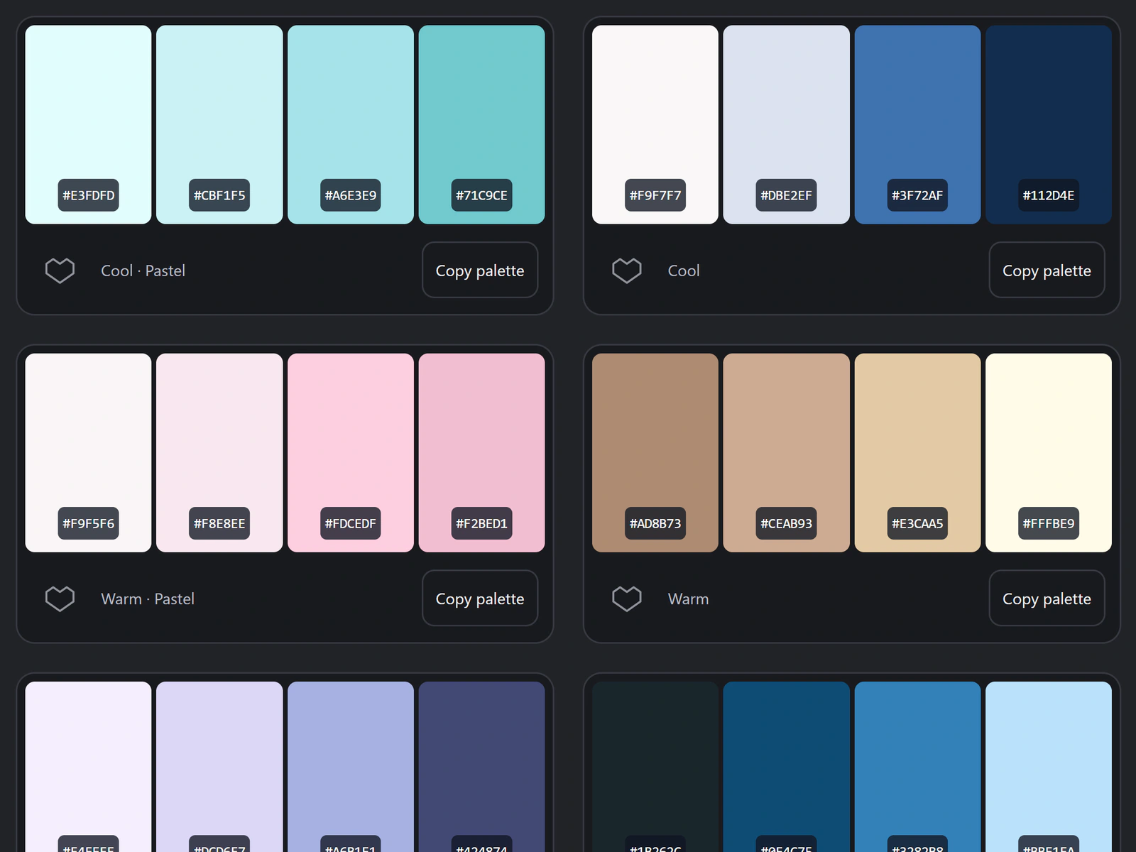 Close-up of color collections with HEX codes in Aura Color Palettes