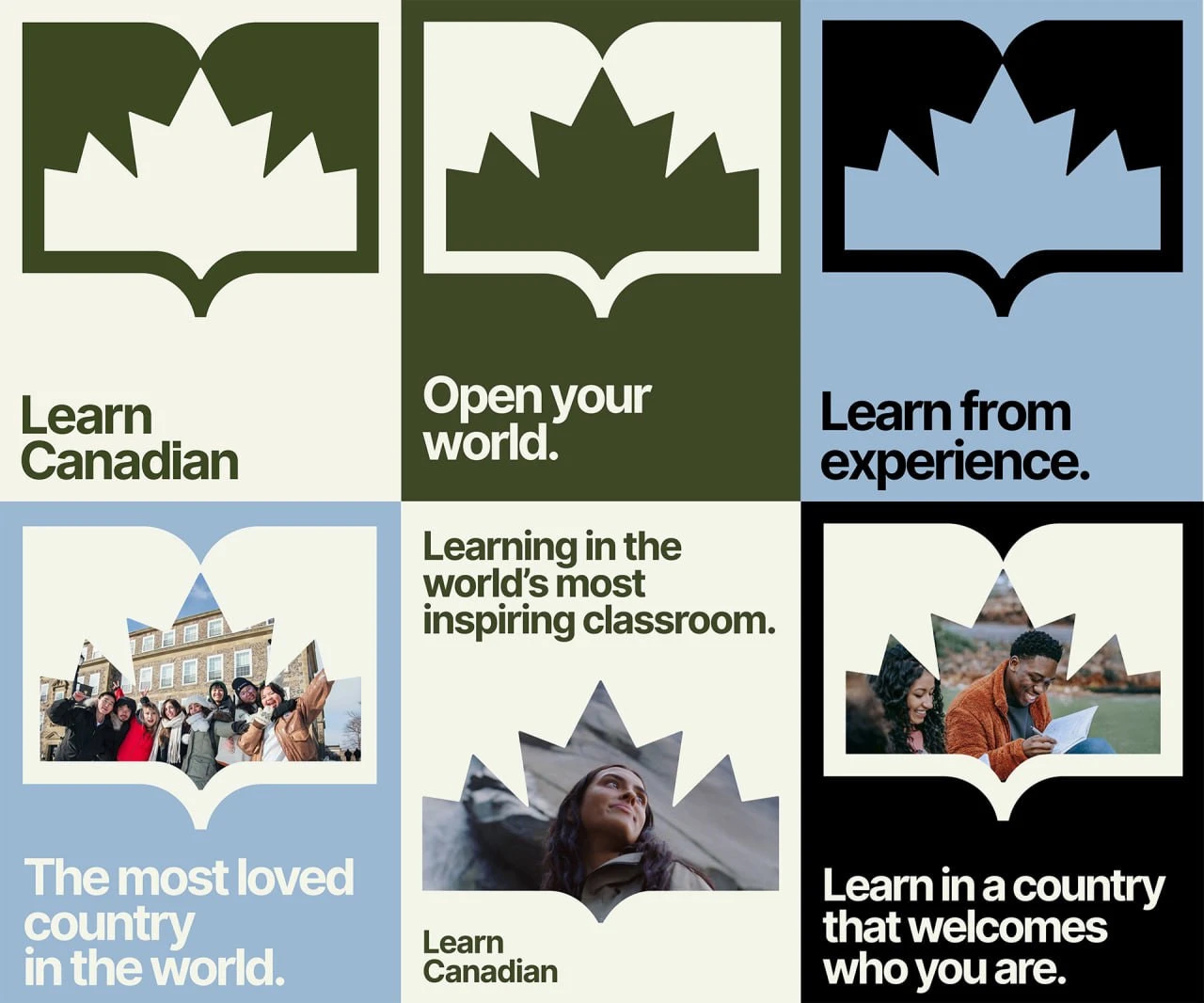 Six Learn Canadian layouts with the book-and-maple-leaf symbol, slogans and photographs of people in cream, olive, blue and black.