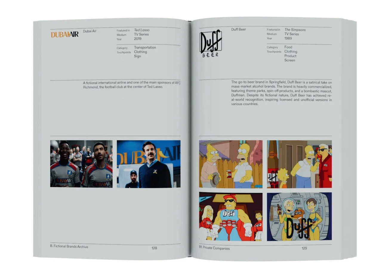 Розворот книги Branding Fiction з логотипами й прикладами айдентики Dubai Air та Duff Beer.