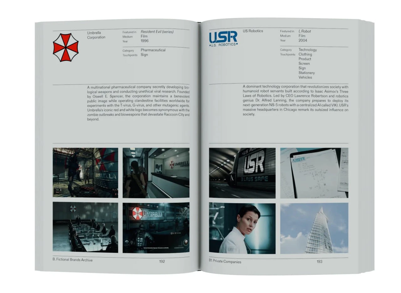 Розворот книги Branding Fiction з логотипами й прикладами айдентики Umbrella Corporation та US Robotics.
