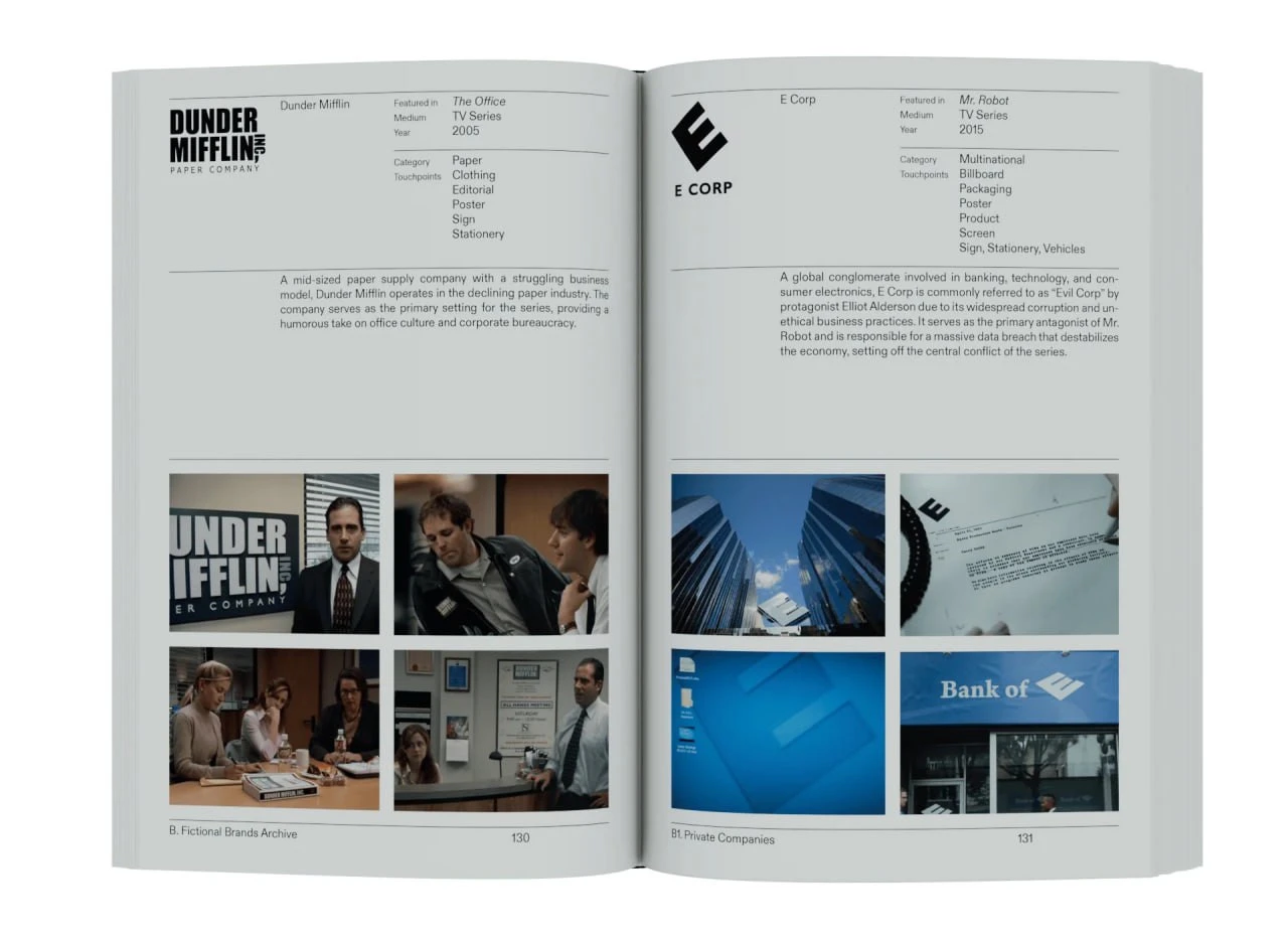 A Branding Fiction spread showing the logos and visual identities of Dunder Mifflin and E Corp.