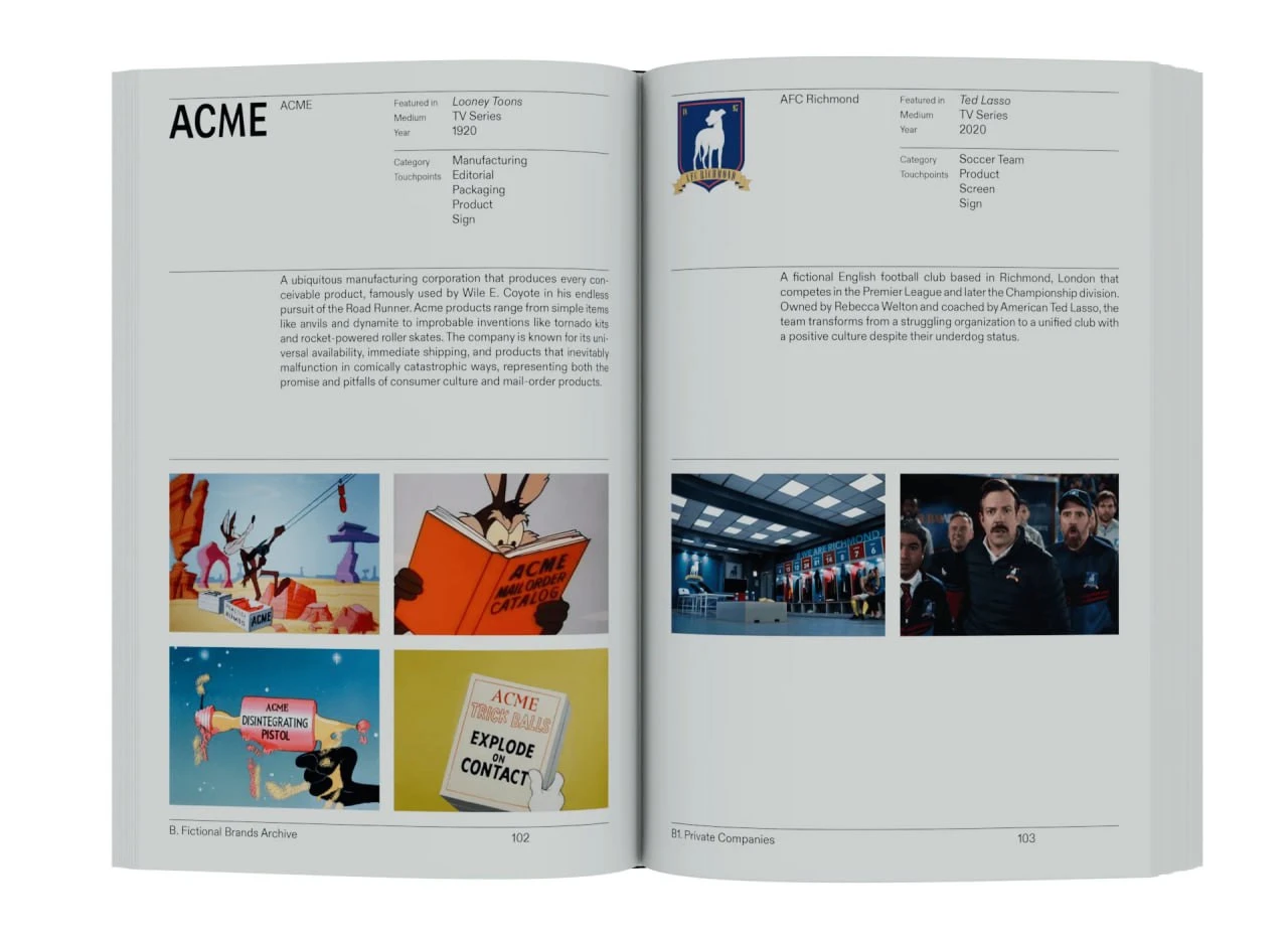 A Branding Fiction spread showing the logos and visual identities of ACME and AFC Richmond.