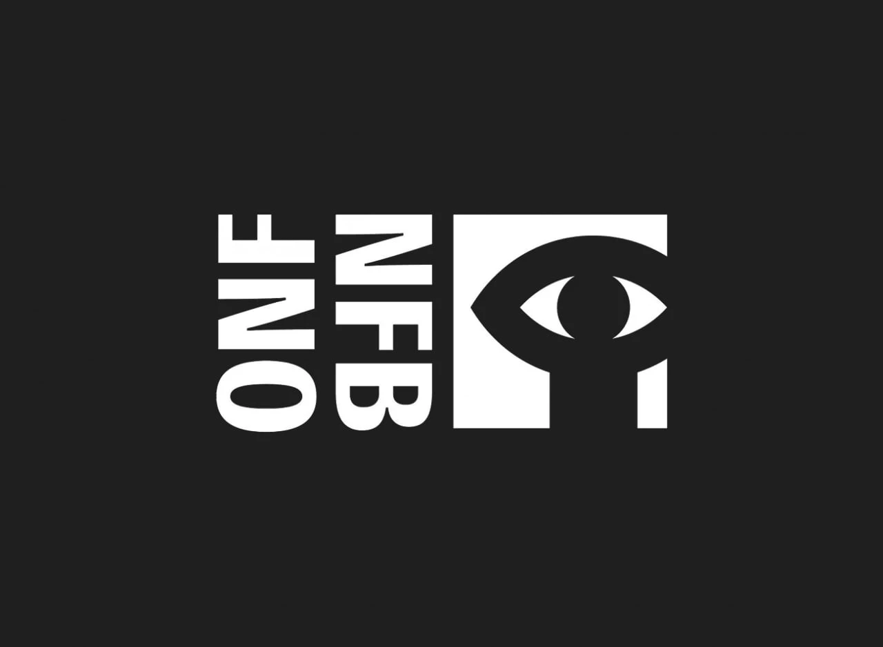 White composition with ONF and NFB initials and the eye symbol on a dark background