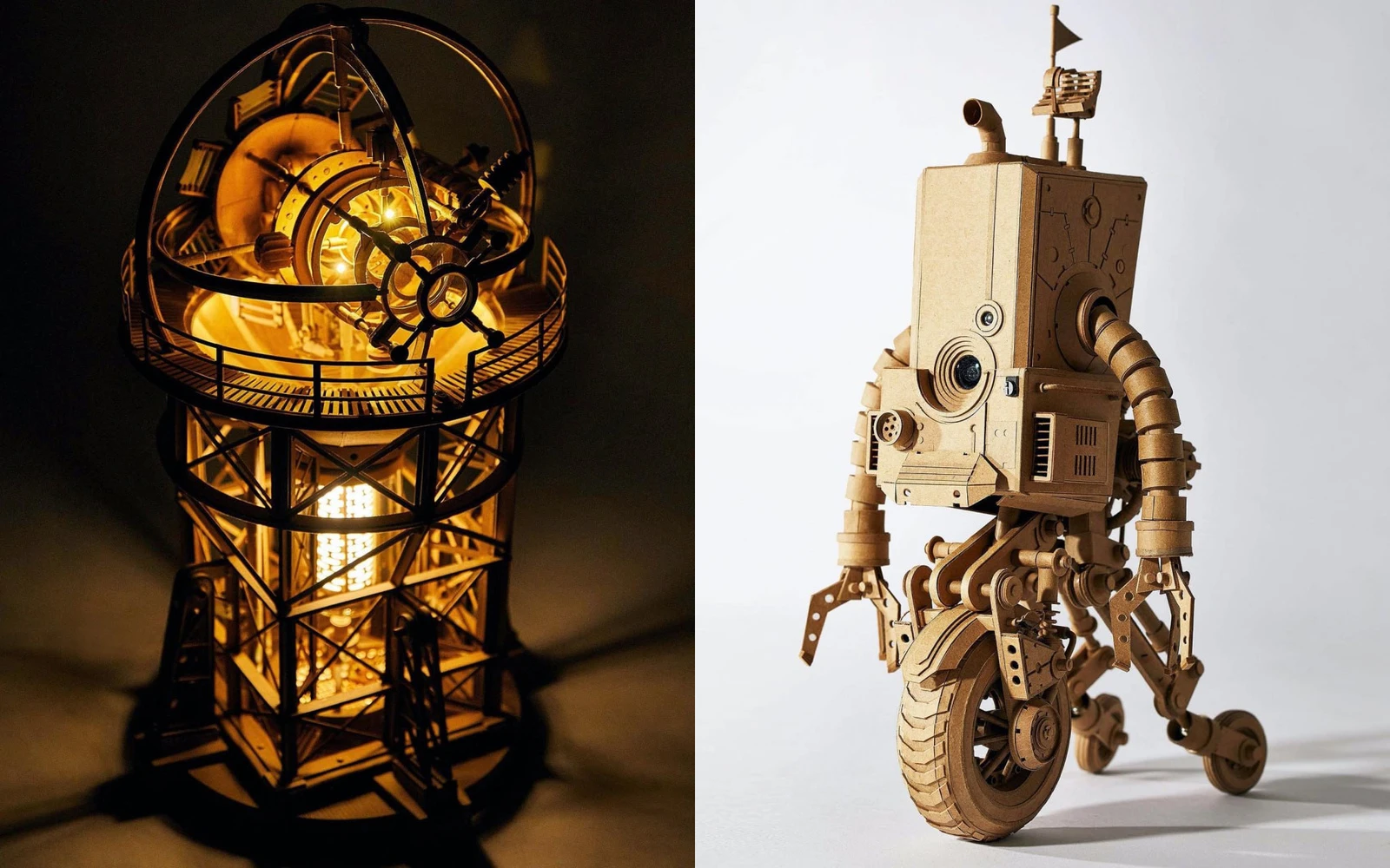 An illuminated cardboard tower and a wheeled robot by Greg Olijnyk.