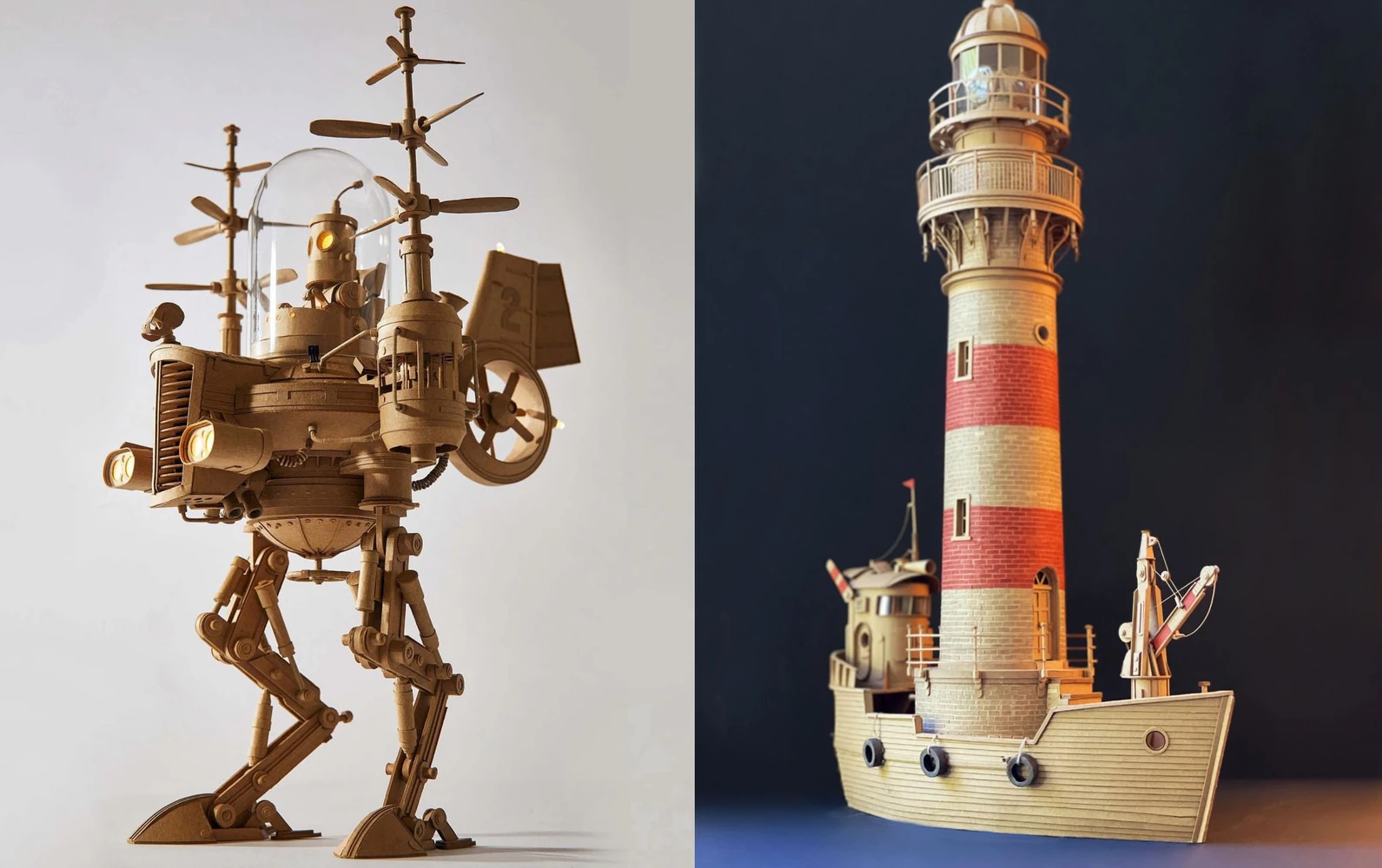 A cardboard mechanical creature with masts and a boat with a tall lighthouse by Greg Olijnyk.