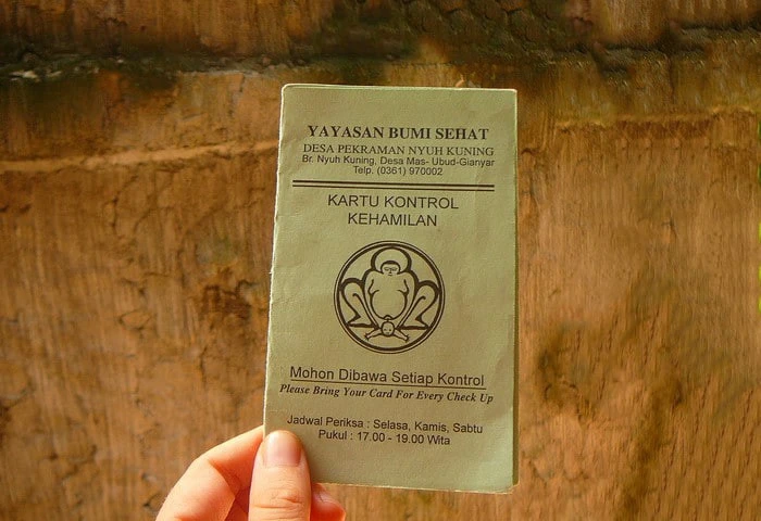 A hand holding a pale green prenatal check-up card bearing the Bumi Sehat logo and the name Yayasan Bumi Sehat.