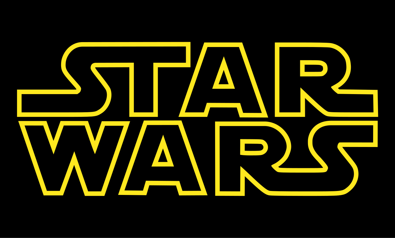 Знайомий дворядковий логотип Star Wars із жовтим контуром на чорному тлі.