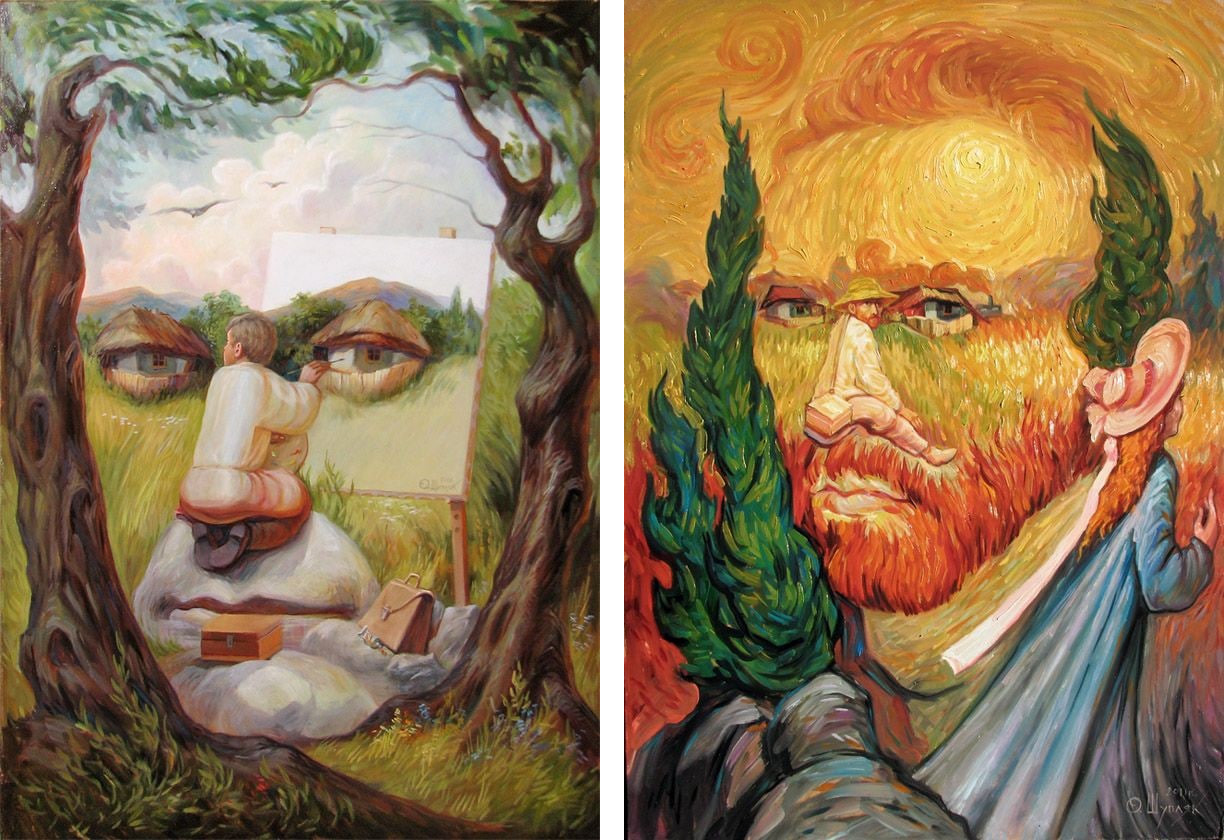 Two paintings by Oleg Shupliak: a boy at an easel between linden trees forming a self-portrait, and a figure among a yellow field and cypresses forming Van Gogh’s portrait.