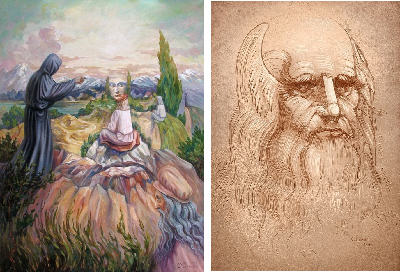 Two works by Oleg Shupliak: a mountain landscape and figures forming a face, and a pencil drawing in which wings and a small figure form a bearded portrait.