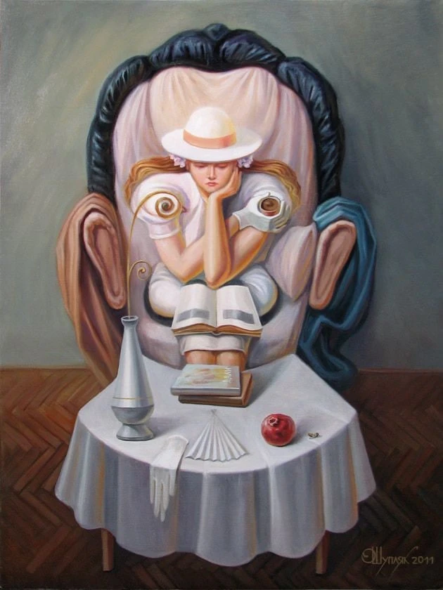 A young woman in a white hat reads at a round table; her figure and the surrounding objects form Salvador Dalí’s face.