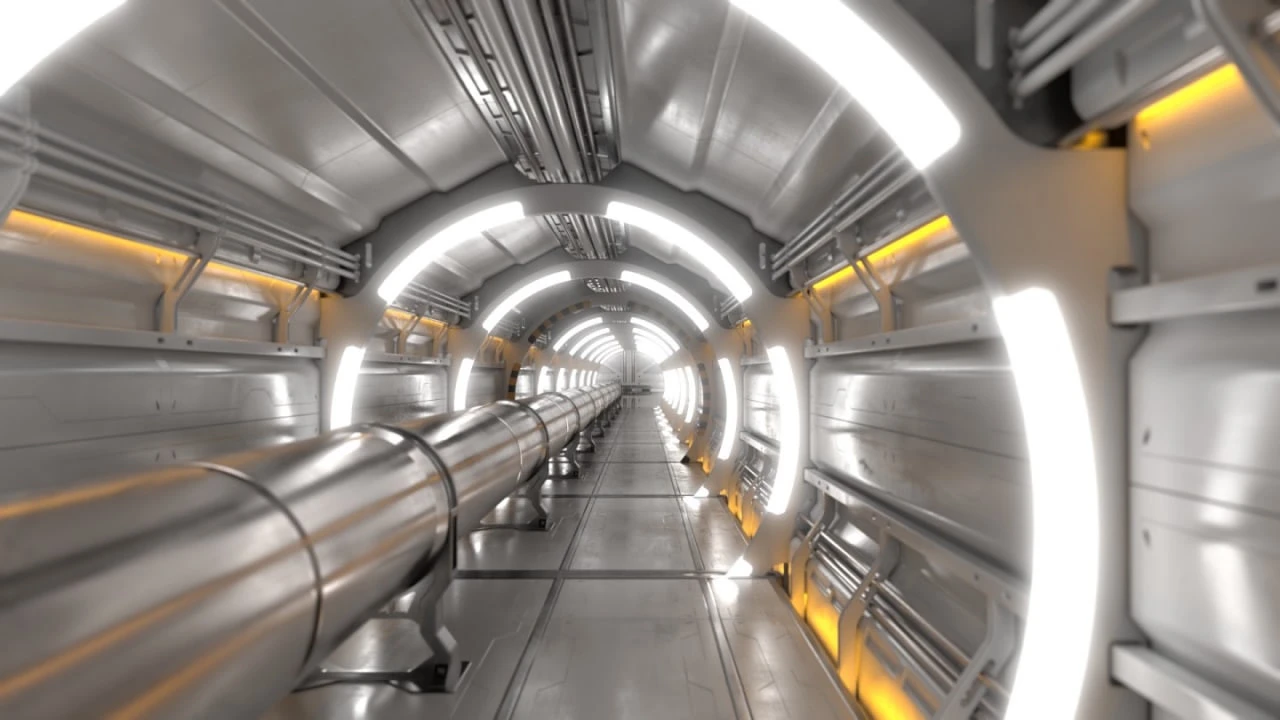 A computer visualisation of a brightly lit accelerator tunnel with a beamline and adjacent walkway.