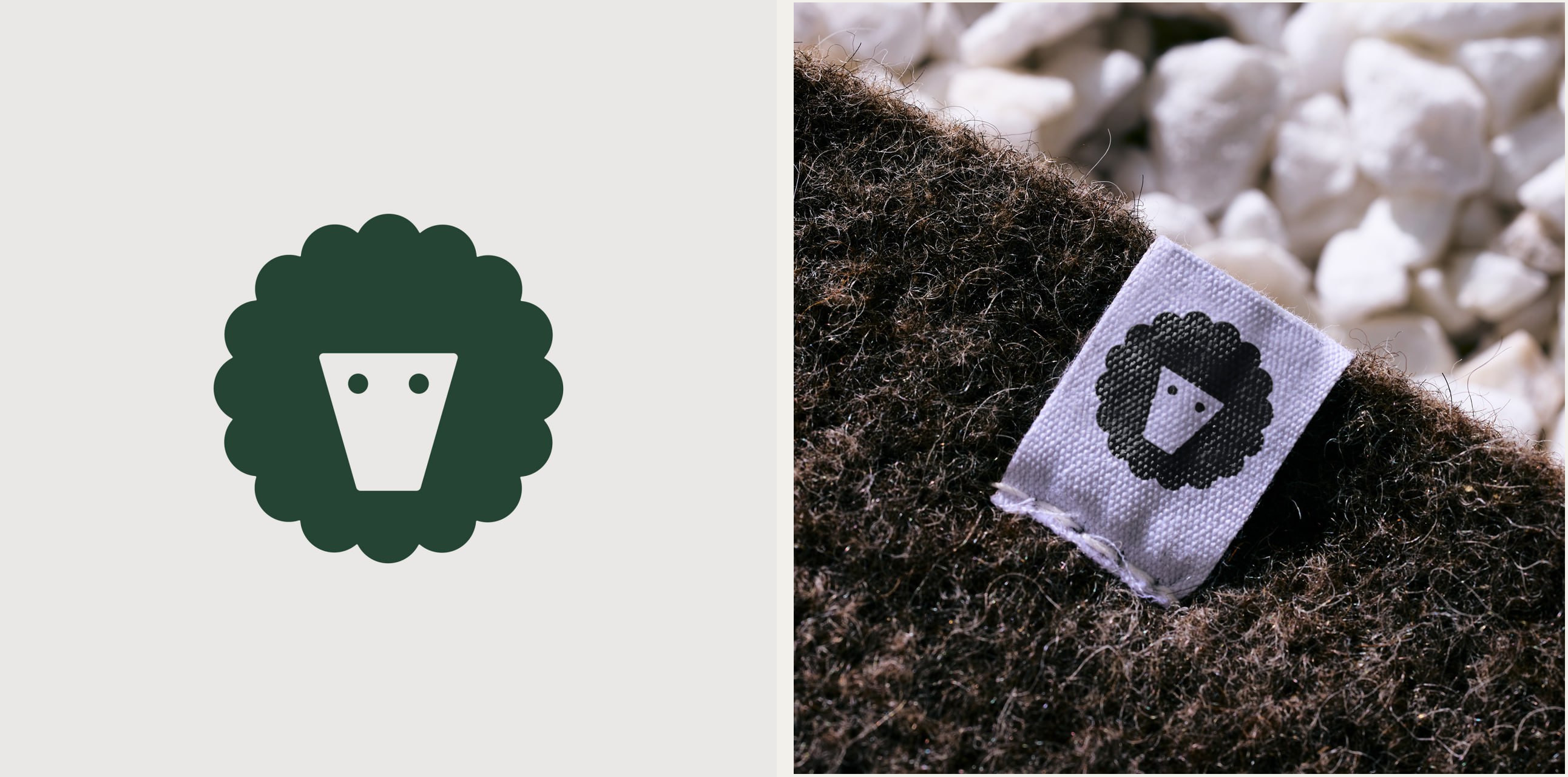 Зелений знак The Wool Pot на світлому тлі ліворуч; праворуч цей знак на світлій тканинній етикетці, пришитій до вовняного горщика.