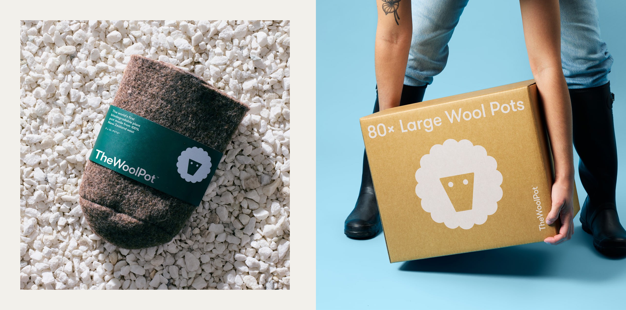 A wool pot with a green paper band on pale stones, left; a person holding a cardboard box with a large white The Wool Pot symbol, right.