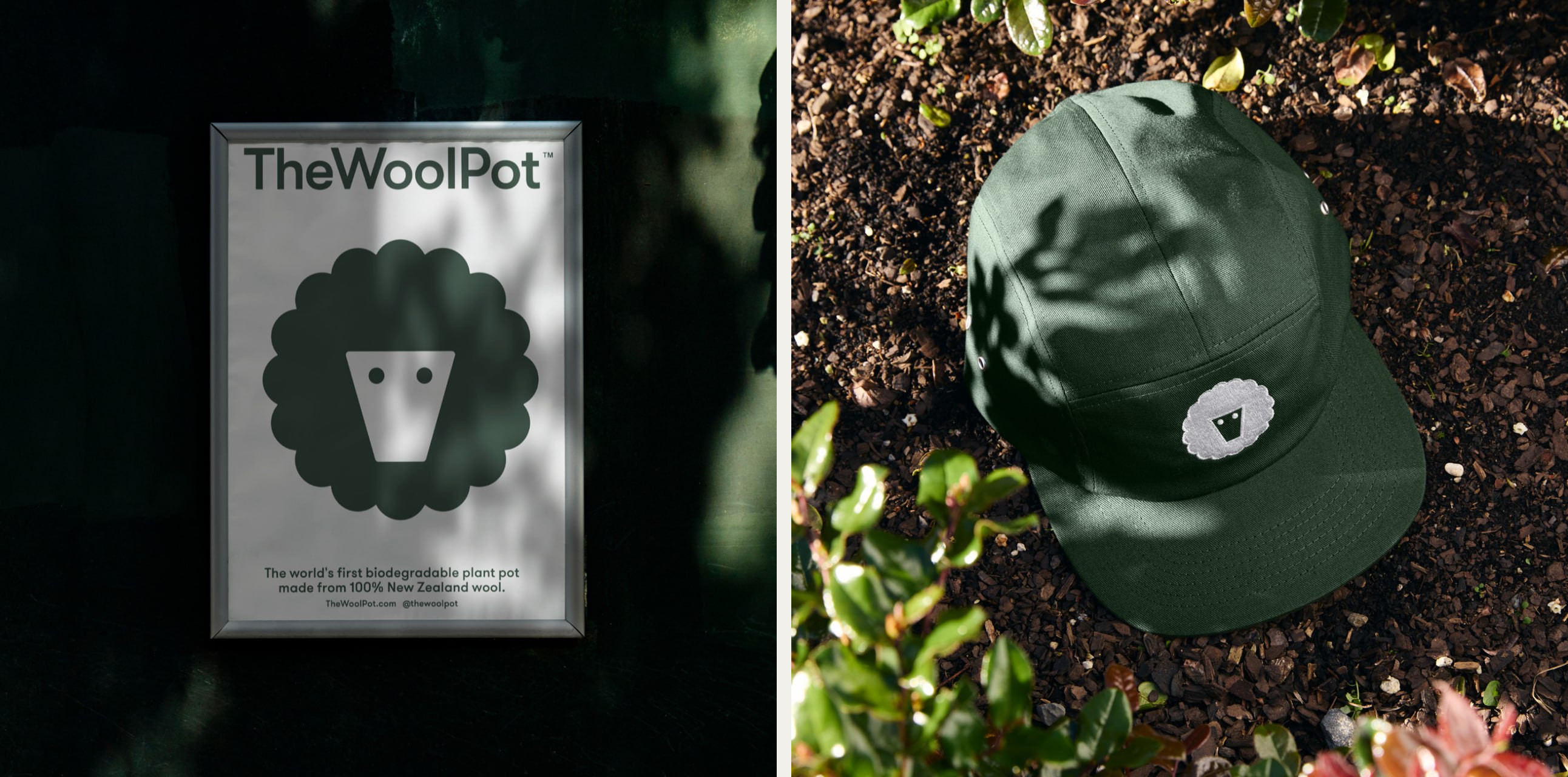 A framed The Wool Pot poster with a large green symbol among foliage, left; a green cap with a pale logo-shaped patch, right.
