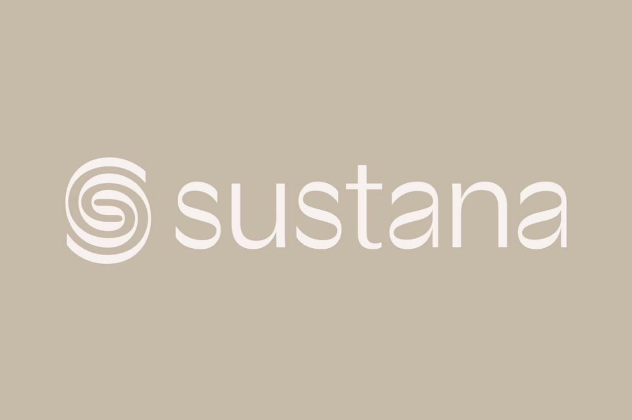 A pale S symbol and lowercase sustana wordmark on a beige background.