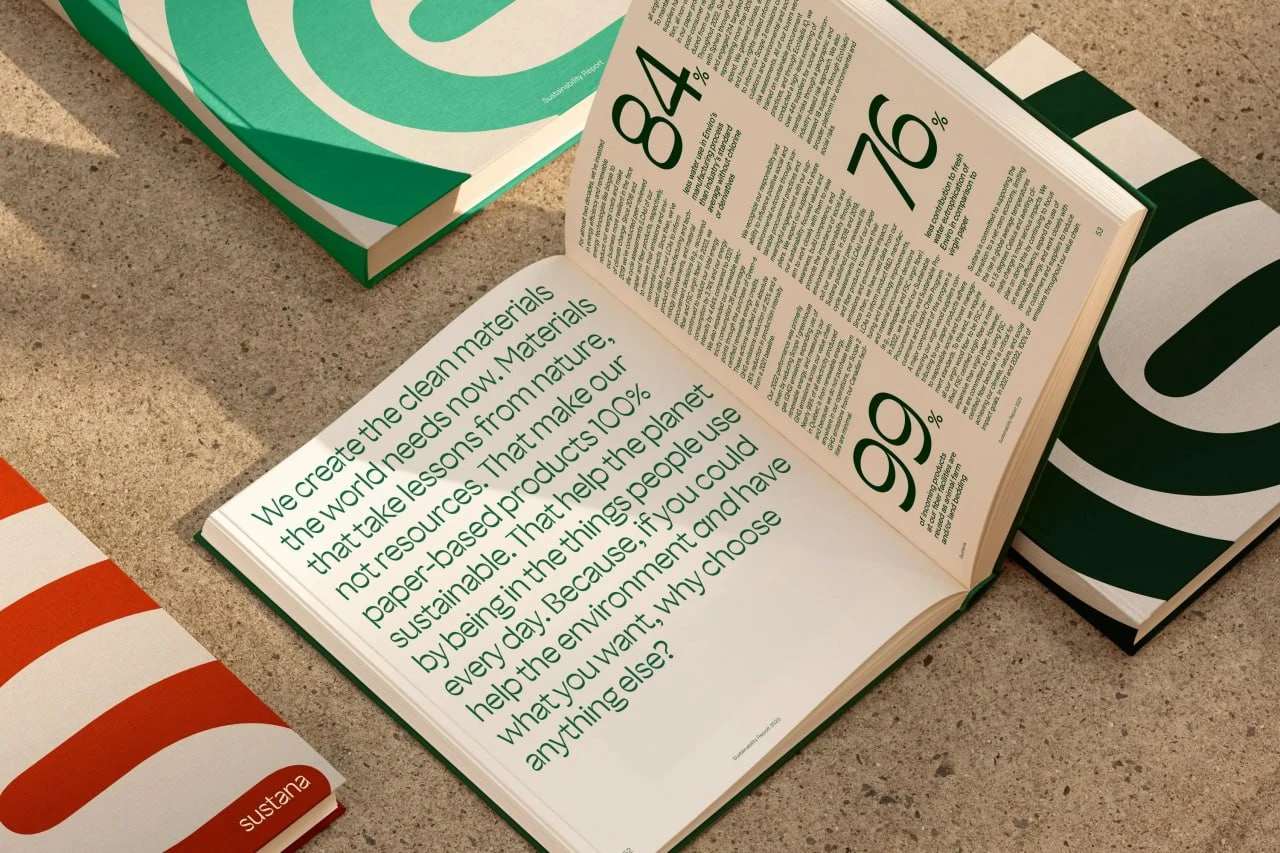 An open Sustana brochure with large green numerals and text, surrounded by covers bearing parts of the mark.