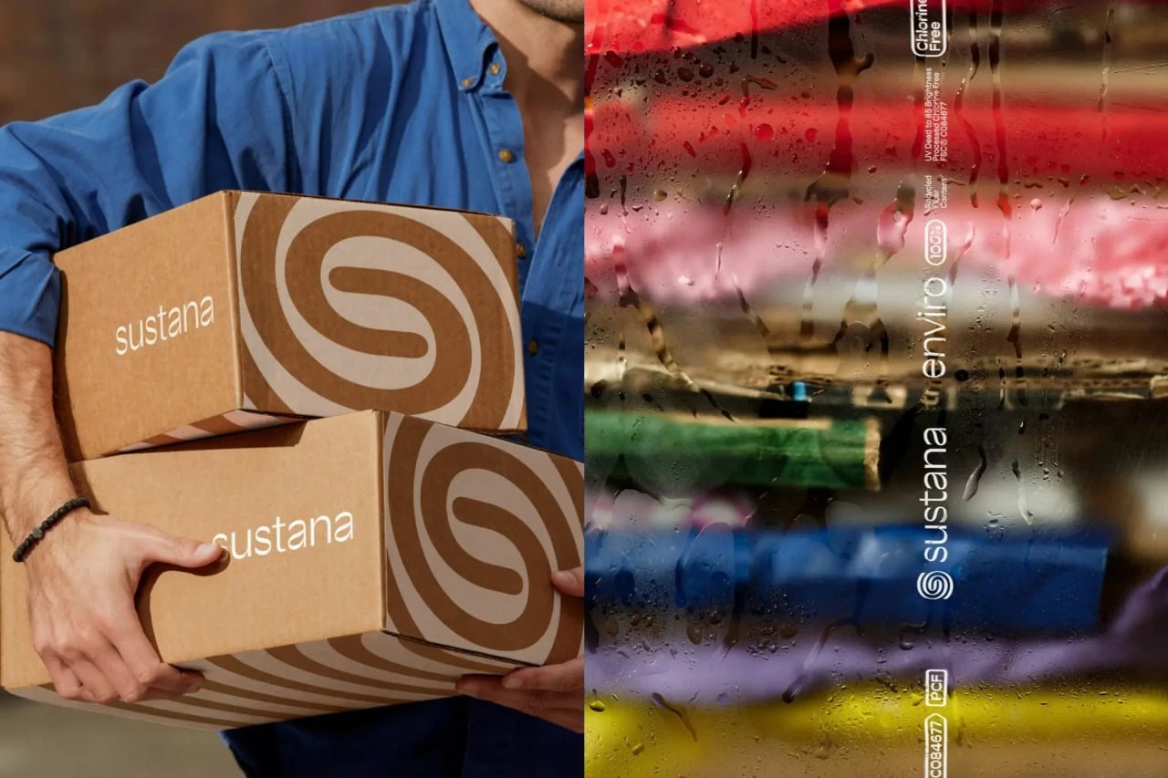 At left, a person holds Sustana boxes bearing the enlarged symbol; at right, a translucent surface has droplets and Sustana Enviro lettering.