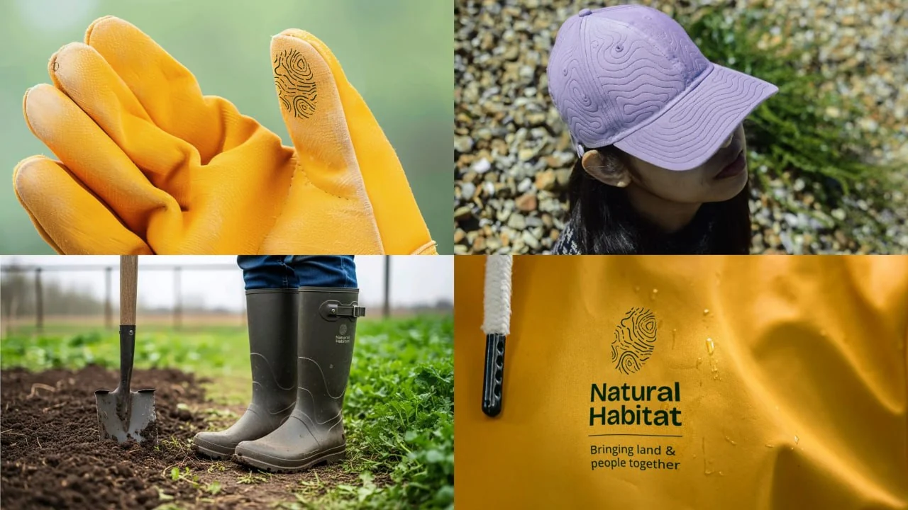 Natural Habitat identity applied to gloves, a cap, boots and a jacket