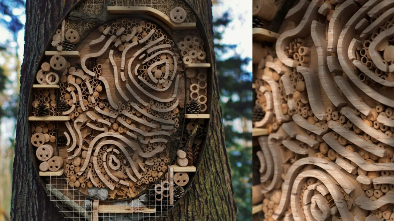 Wooden insect shelter built in the shape of the Natural Habitat symbol