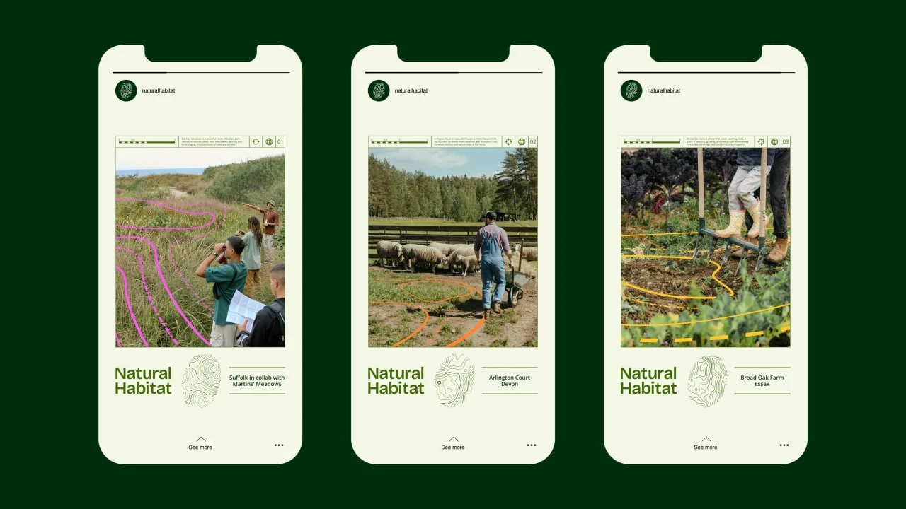 Three Natural Habitat mobile design mockups showing nature projects