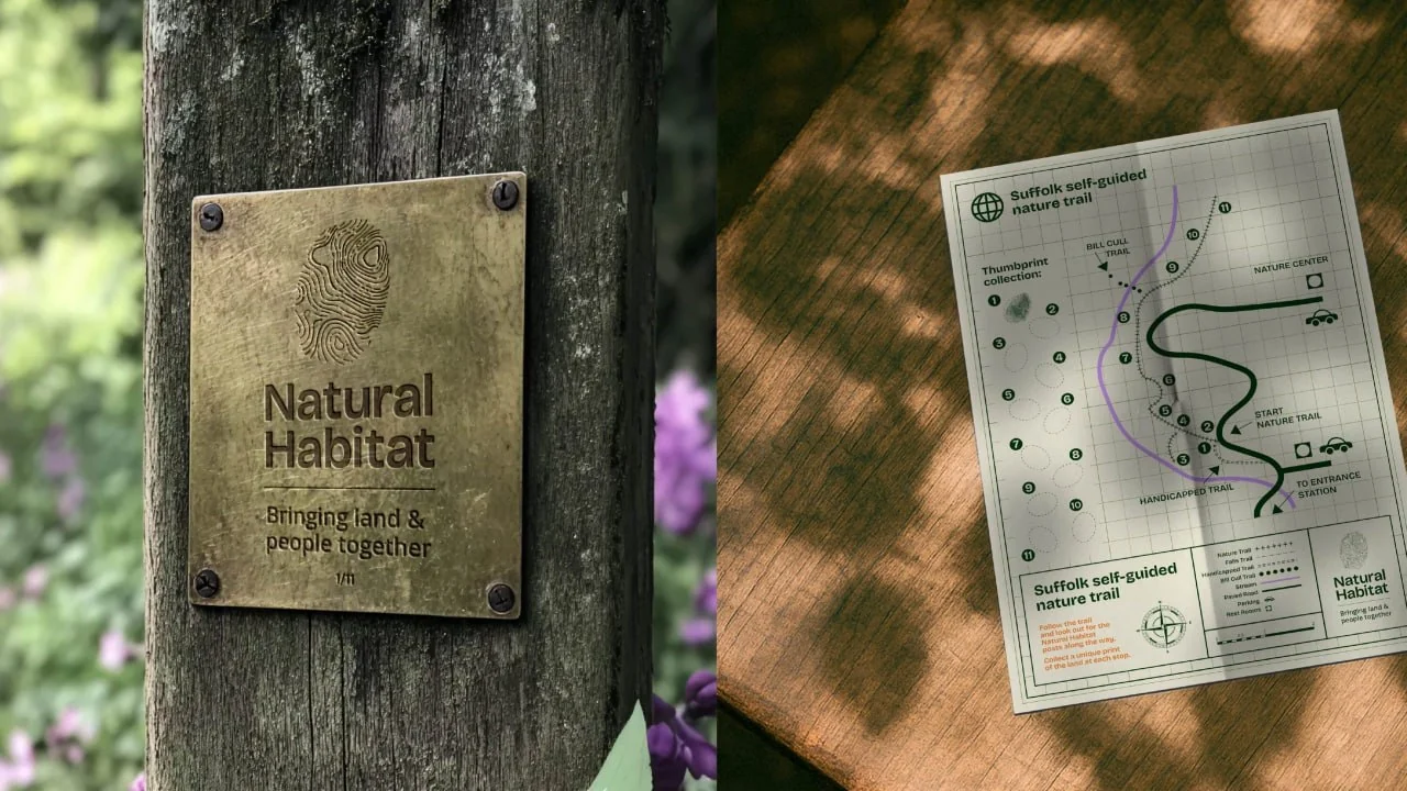 Natural Habitat sign mounted on a tree alongside a nature trail map