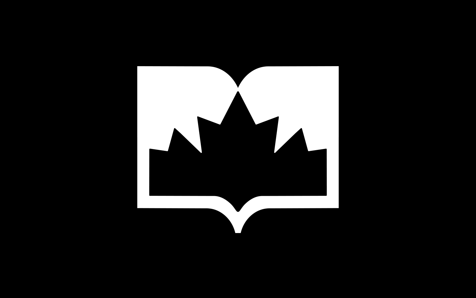White Learn Canadian symbol on black: an open book with a maple leaf in negative space.