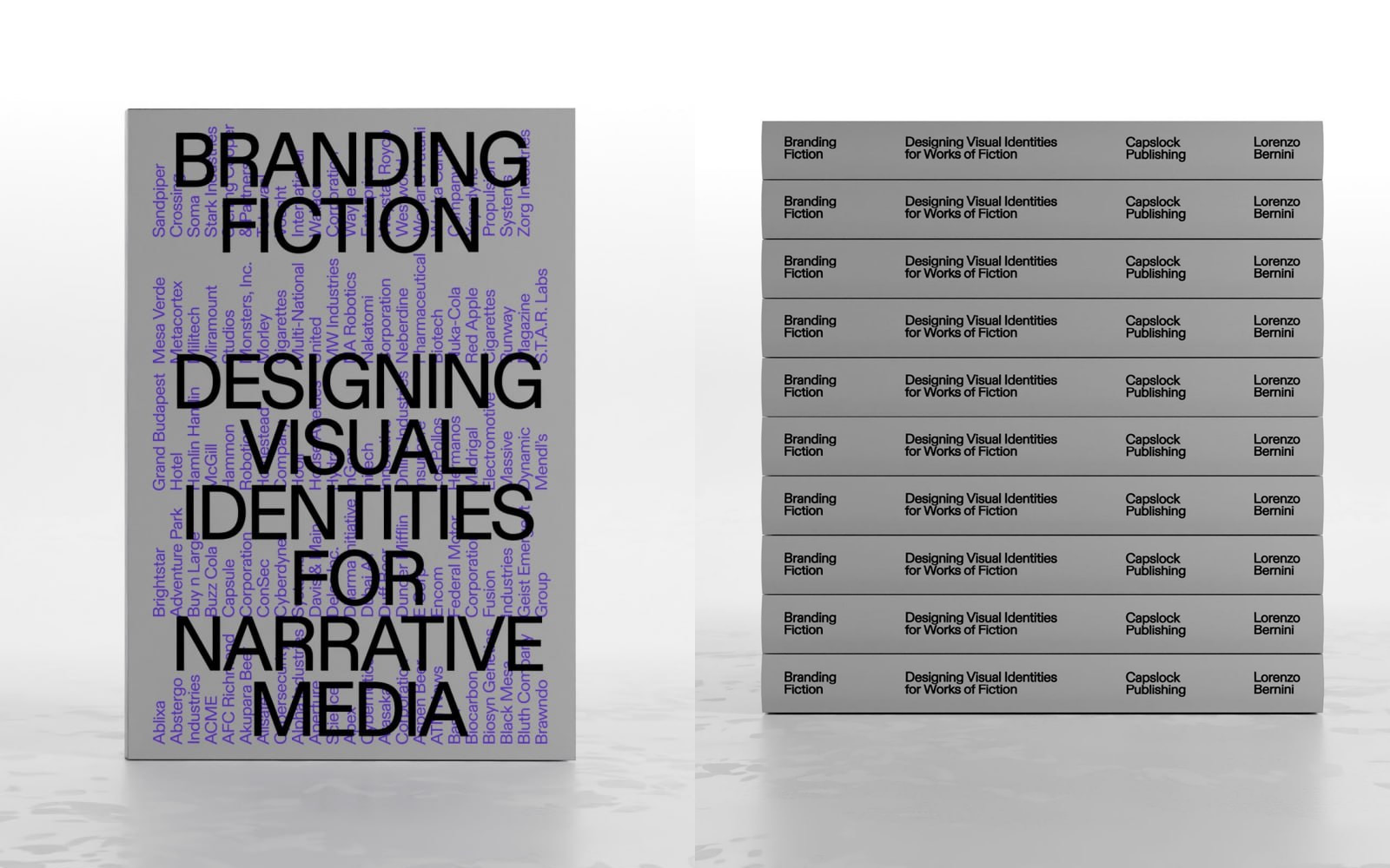 The front cover and a stack of Branding Fiction books by Lorenzo Bernini, published by CAPSLOCK.