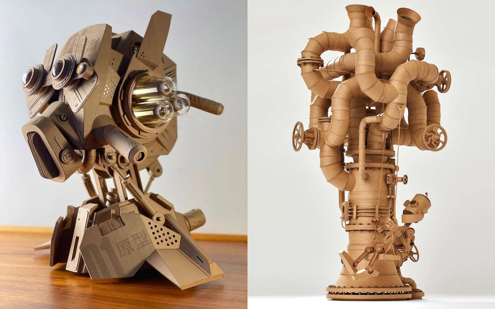 Two sculptures by Greg Olijnyk: a mechanical head and a tall structure with curved pipes.