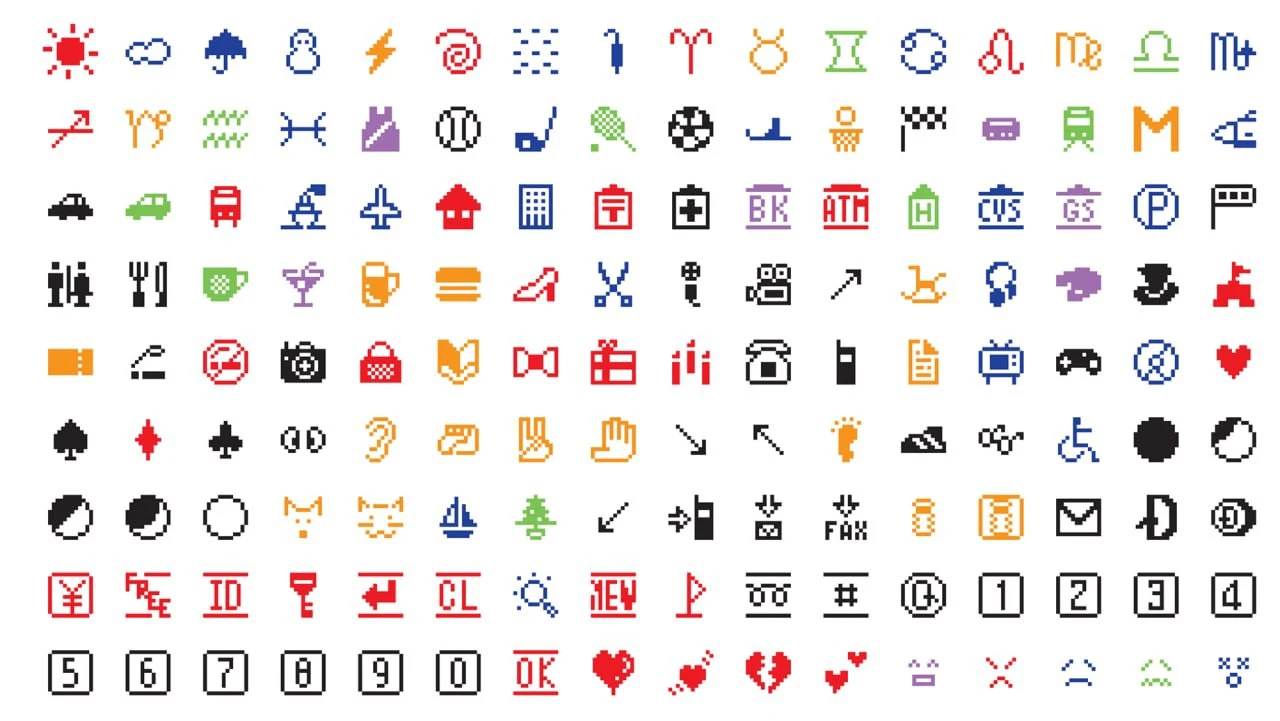 A sheet of colourful NTT DOCOMO pixel emoji showing weather, transport, objects, signs and emotions.